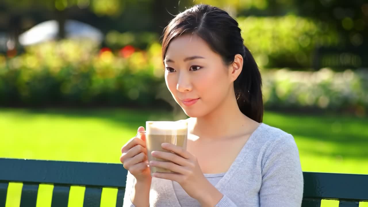A Young Woman Enjoys a Warm Beverage in a Sunlit Park, Capturing a Moment of Peaceful Reflection Amidst Lush Greenery and Colorful Flowers