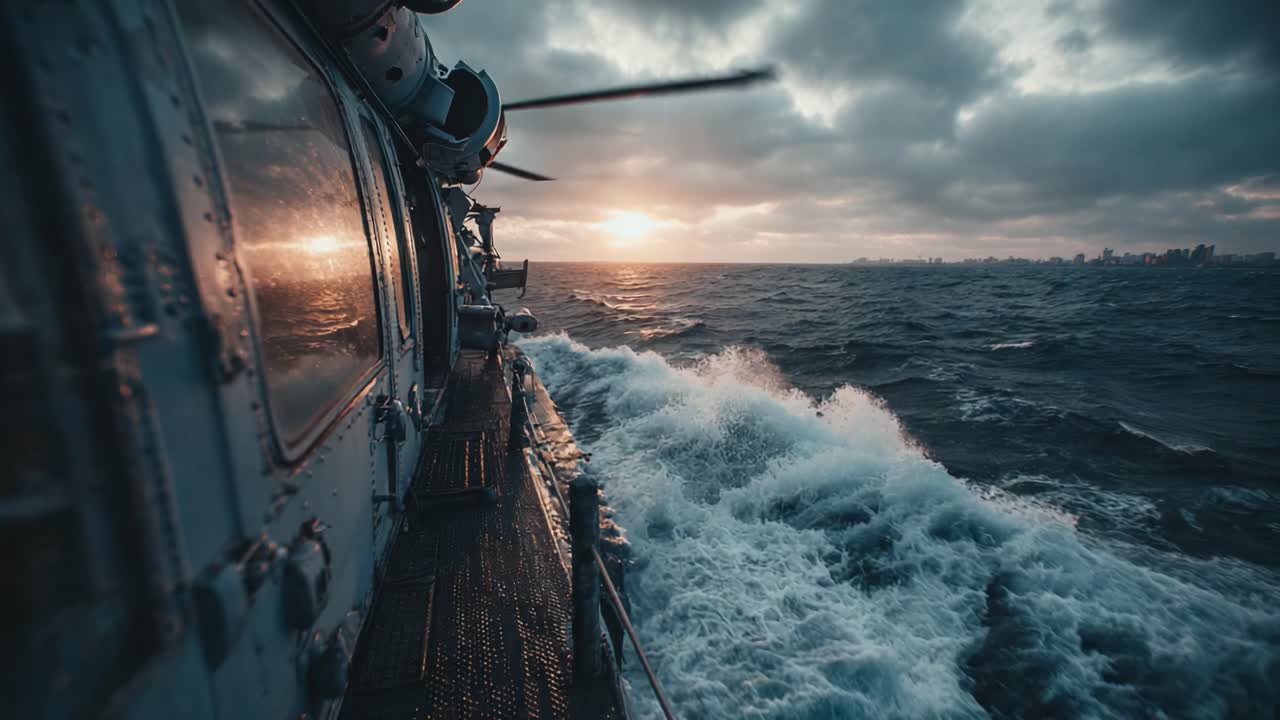 A Dramatic View from a Vessel's Perspective Amidst Churning Waves at Sunset, Capturing the Essence of Adventure and Ocean Exploration