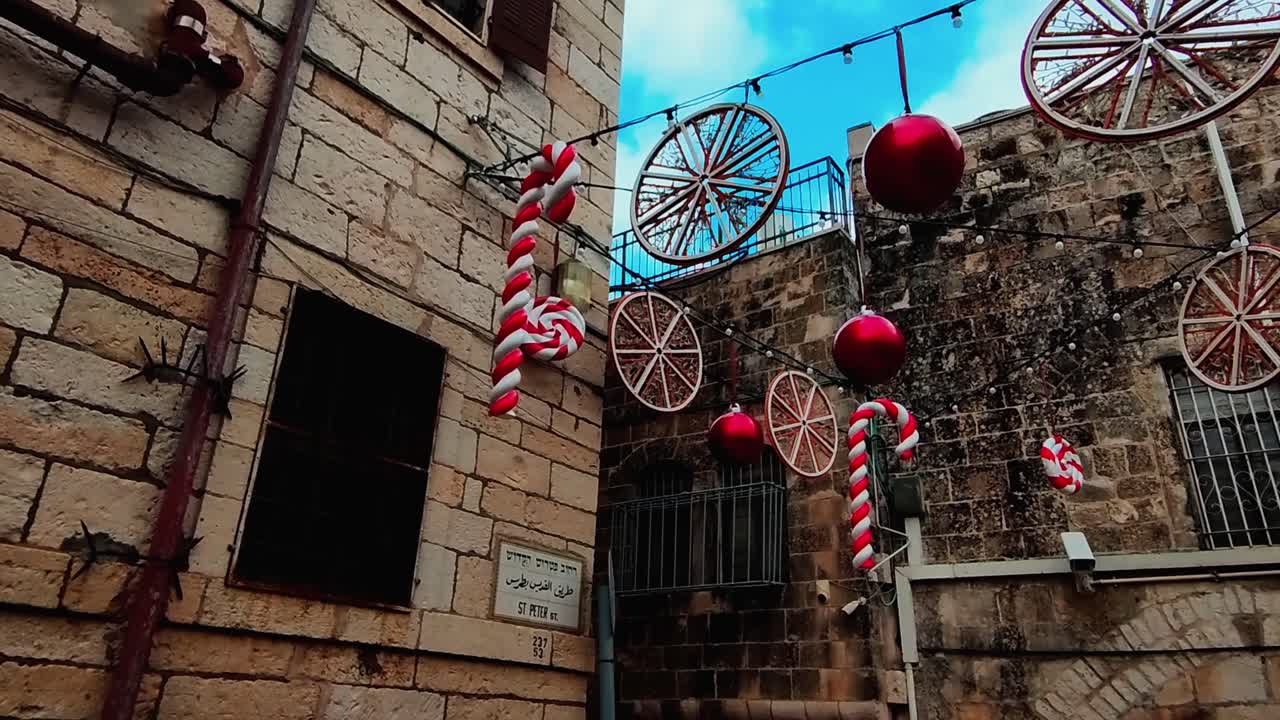 Festive Christmas Decorations in a Narrow Alley of Old City Jerusalem