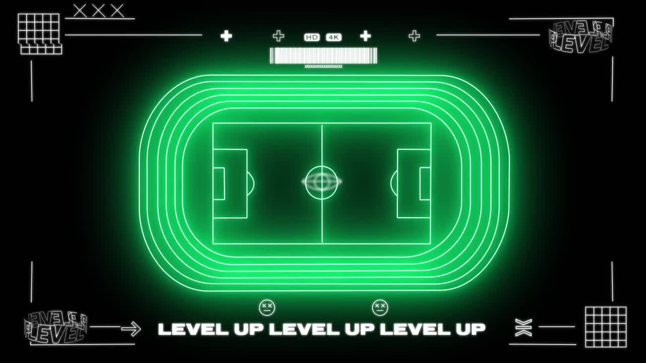 녹색 네온 스포츠 경기장과 디지털 인터페이스의 애니메이션