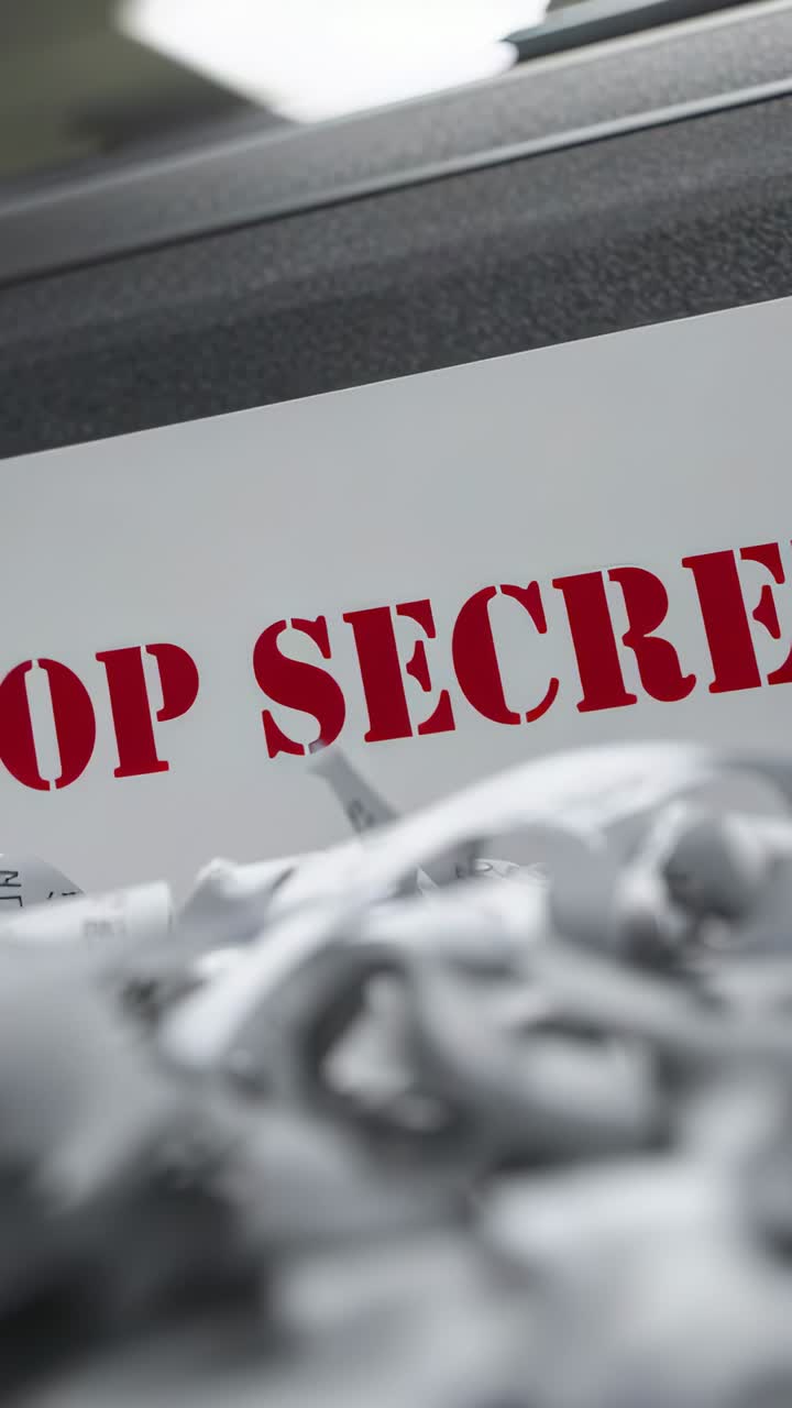 Vertical video: Camera panning shred pile and TOP SECRET paper, revealing red text at office bin