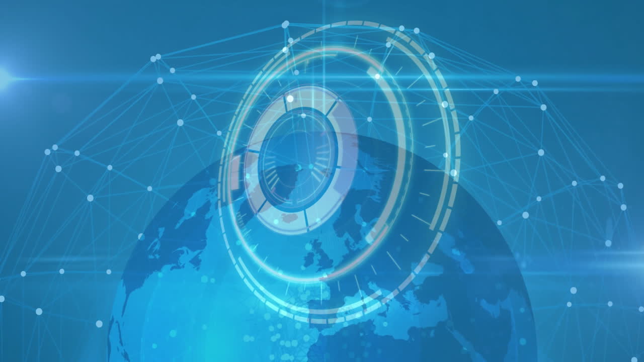 Digital network and data processing animation over globe with blue background