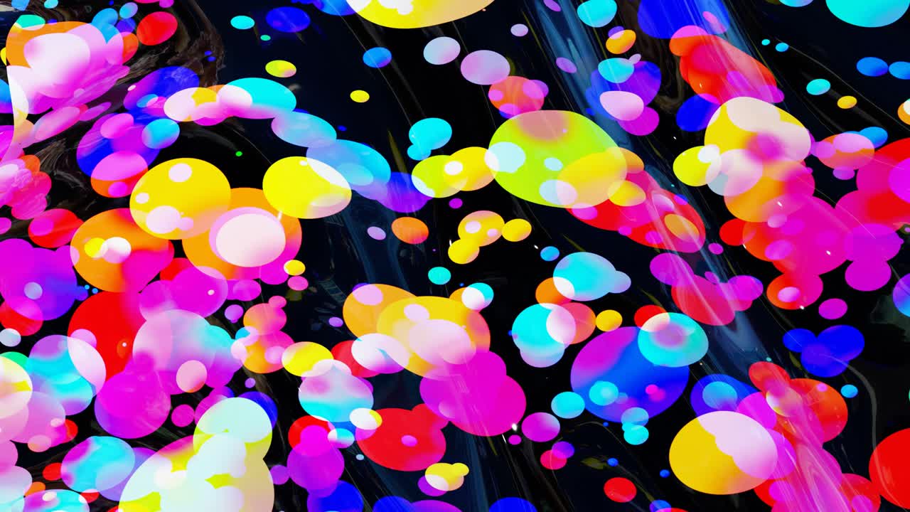 fondo en bucle abstracto de superficie brillante brillante como líquido transparente ondulado con círculos de color arco iris flotan como gotas de pintura en aceite. hermoso fondo creativo con gradiente de color en 4k. 3d