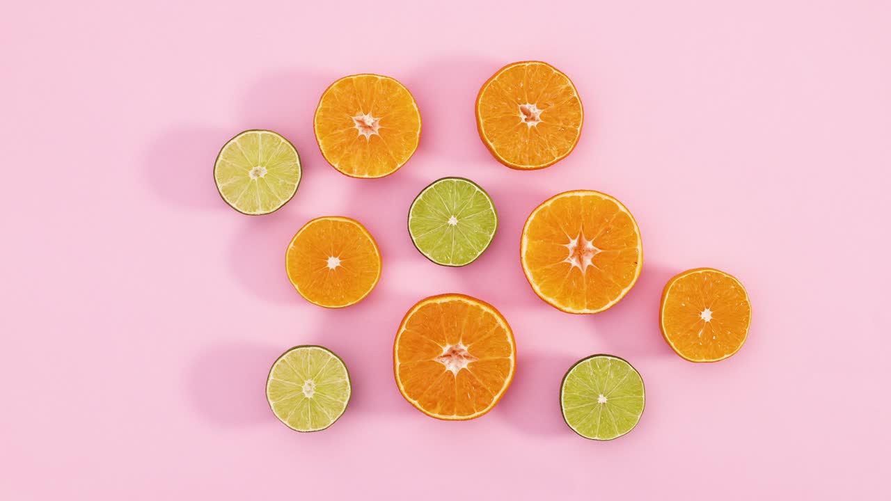 Slices of ripe fresh citrus limes and oranges rotating in circle on pink theme. Stop motion