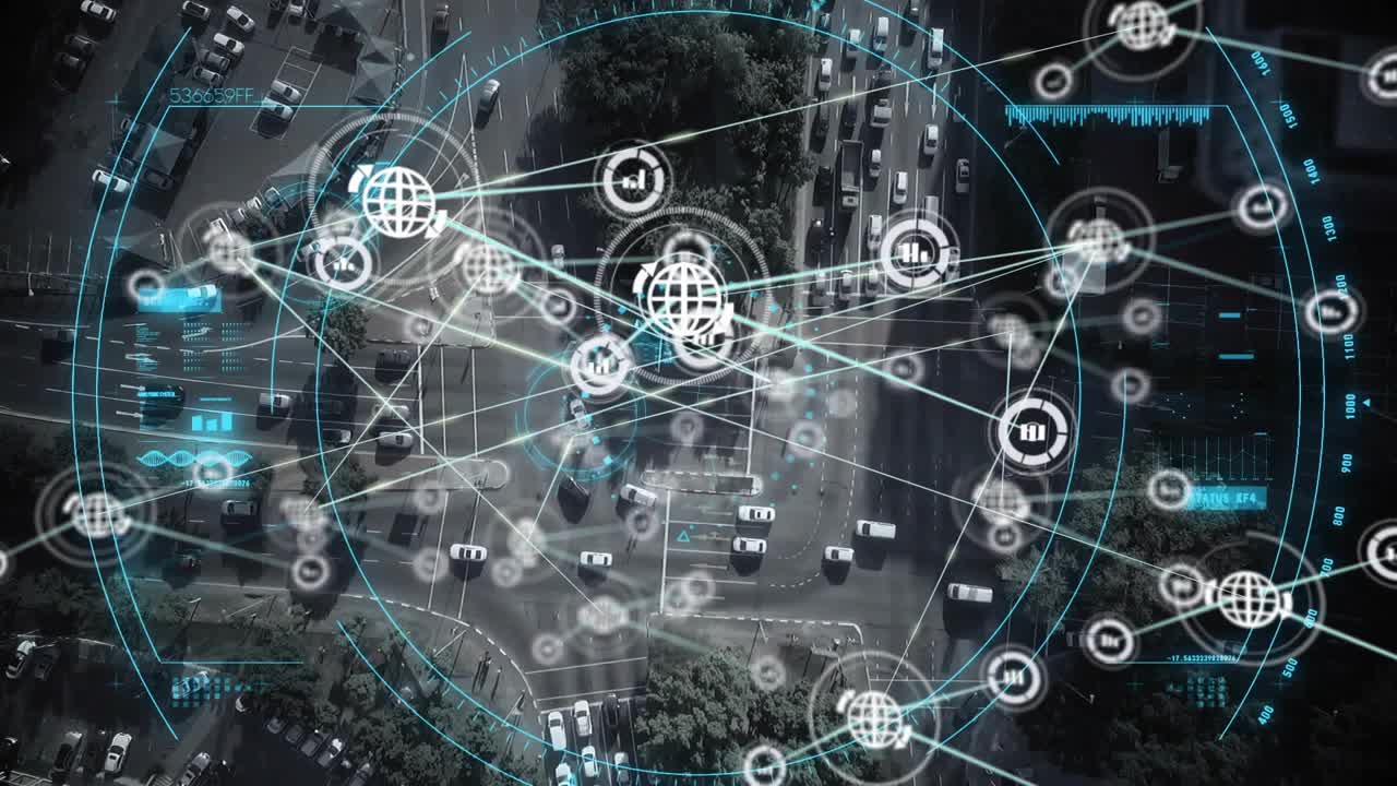 Topdown crossroads HUD activating from rings, circles rotating, nodes linking over traffic tracking