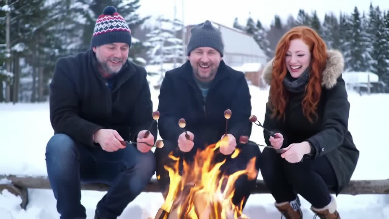 Friends Enjoying a Winter Evening by the Fire Roasting Marshmallows in the Snow