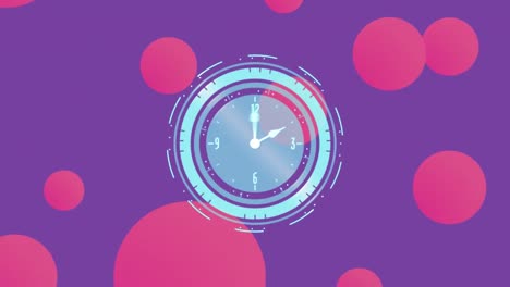 animation of digital clock over circles against purple background