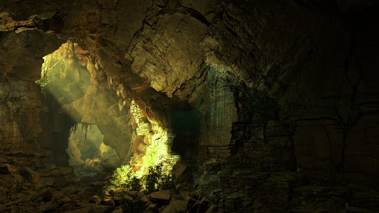 La luce illumina una grotta meravigliosa con vegetazione lussureggiante e rocce