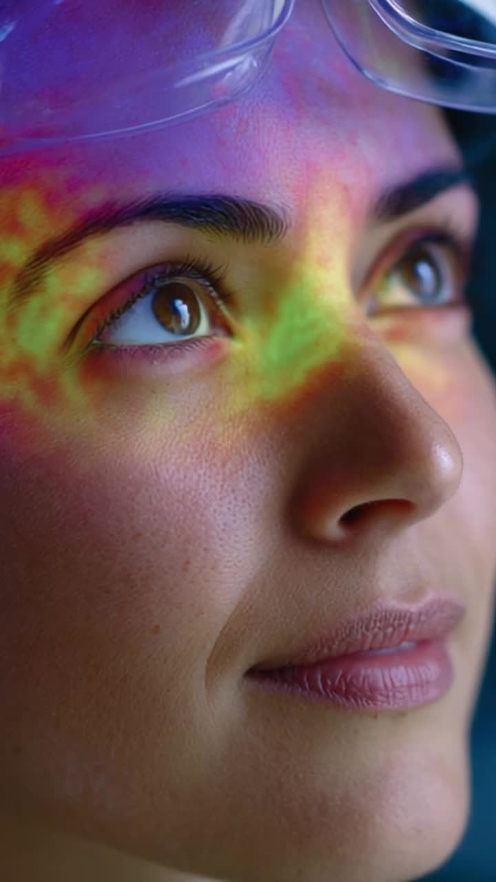 A close-up of a woman with vibrant, colorful projections on her face, showcasing a blend of art and science with an expression of curiosity and wonder