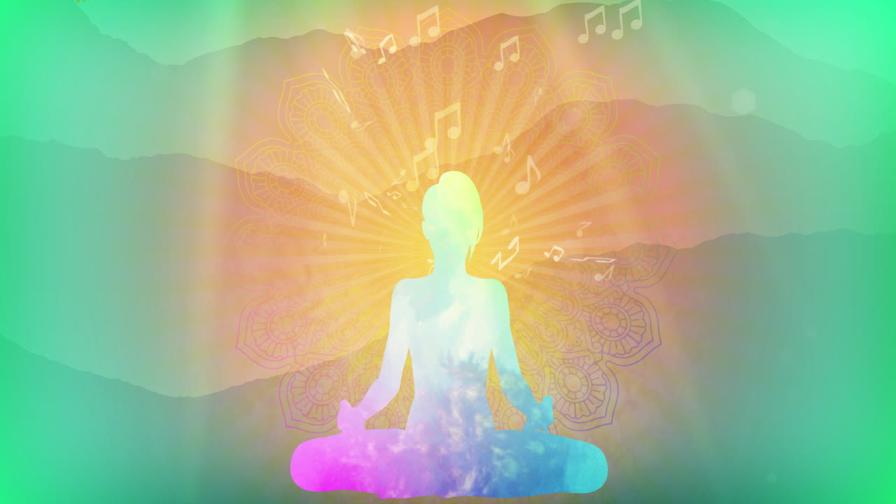 Silhouette di meditazione pacifica con uccelli e musica