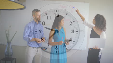 animation of clock moving over diverse colleagues discussing work in office