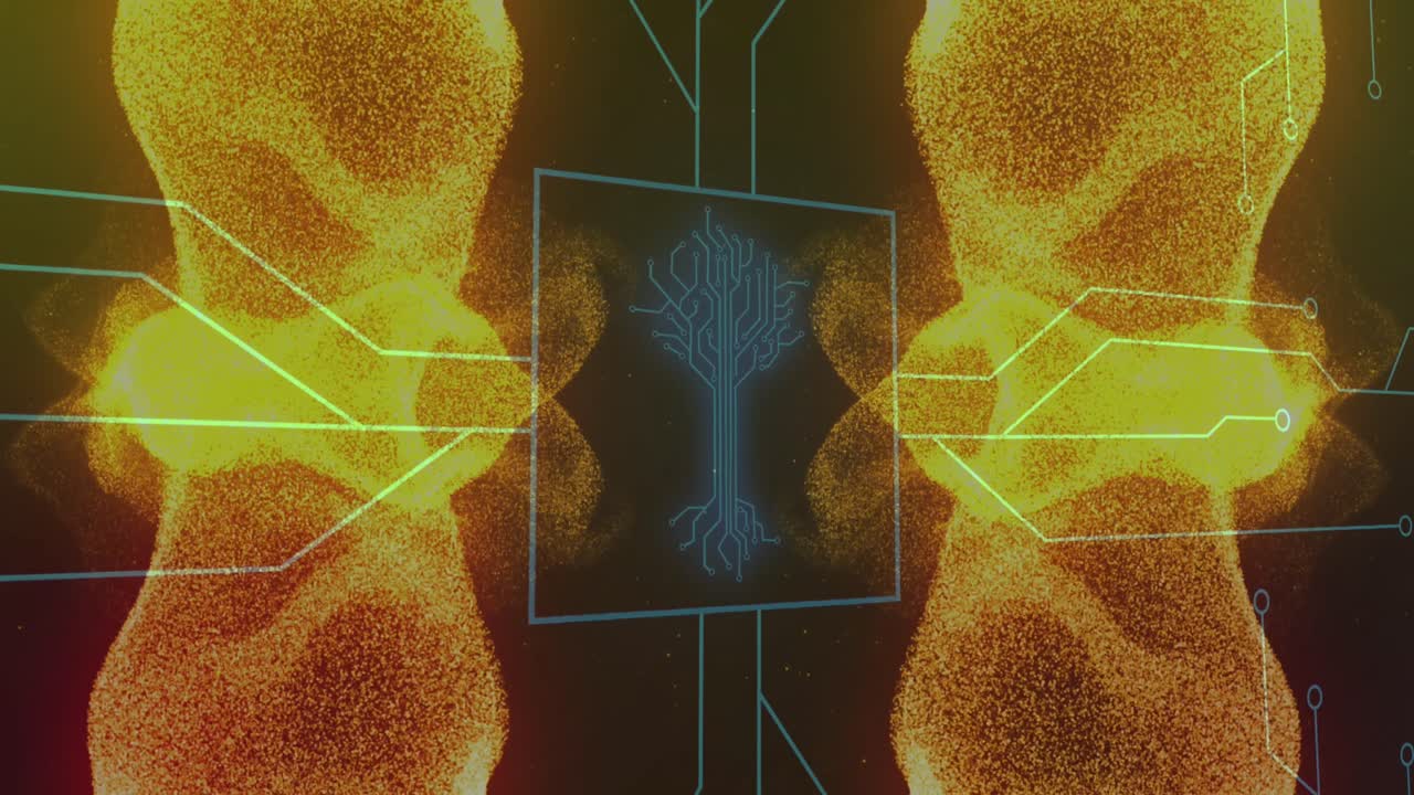 animación de la placa base y transferencia de la fecha sobre partículas amarillas brillantes en fondo oscuro