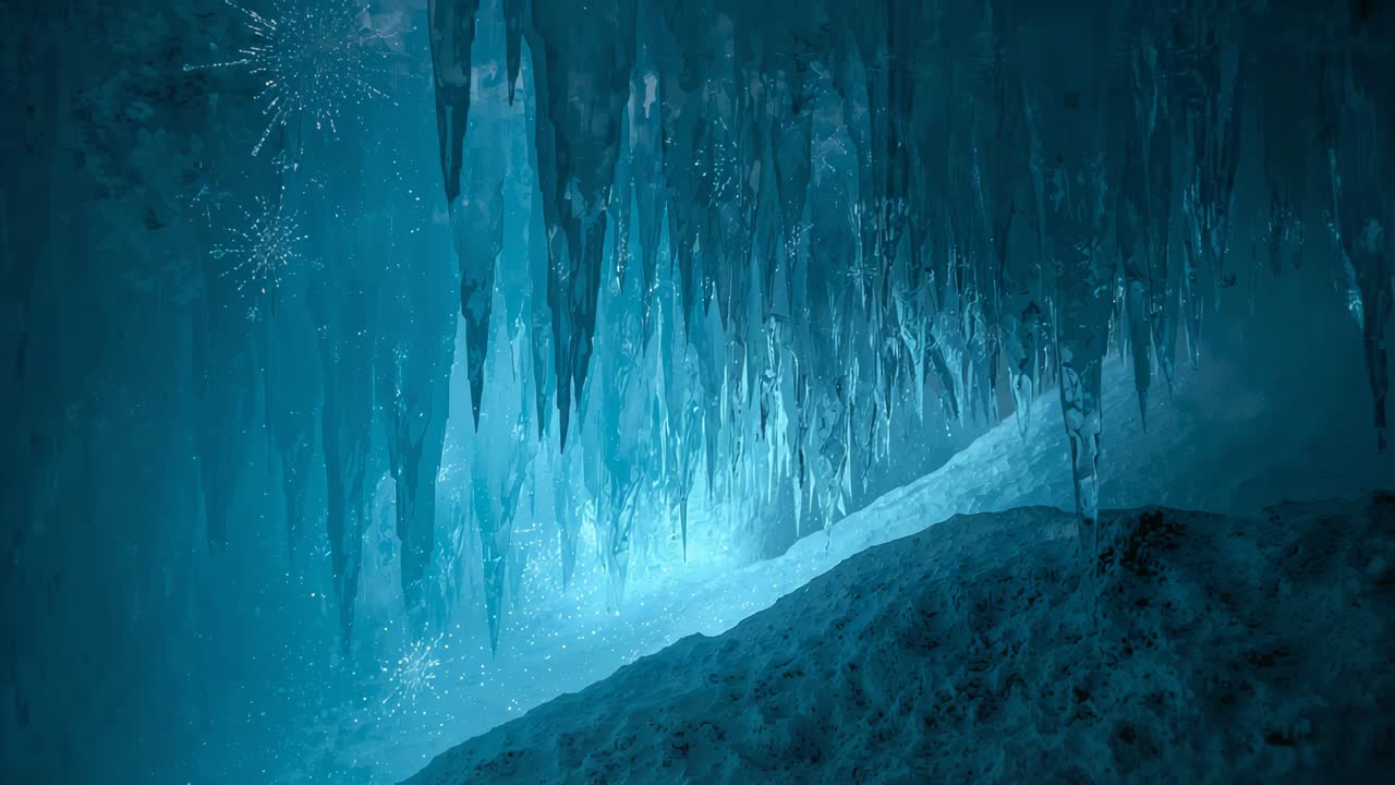 Shining icicle curtain revealing inner layers after glow in ice cave ...