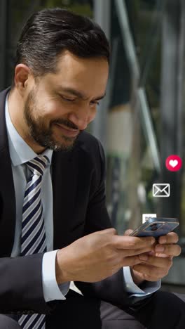 vertical video of businessman sitting outside city offices looking at mobile phone with motion graphics emojis showing multiple messaging and social media notifications