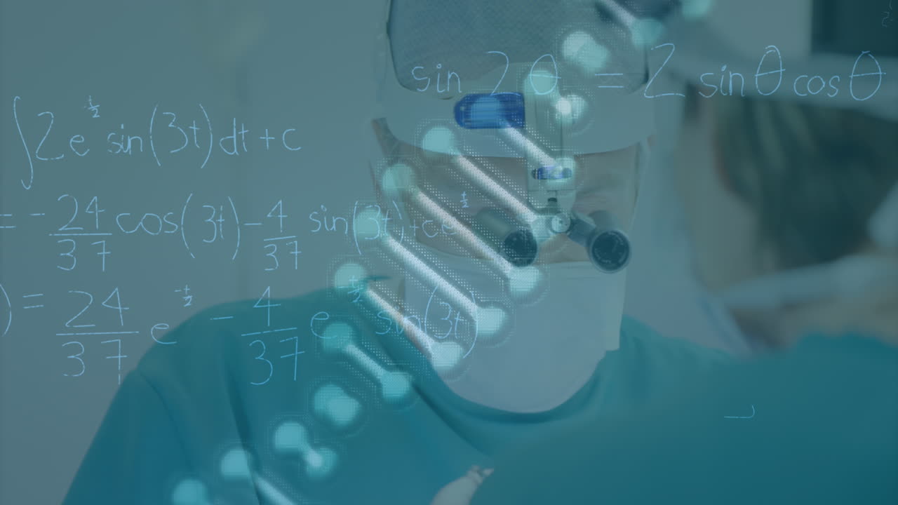animación de cadena de adn y procesamiento de datos sobre cirujano caucásico masculino con máscara facial