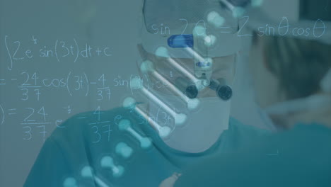 animation of dna strand and data processing over male caucasian surgeon with face mask