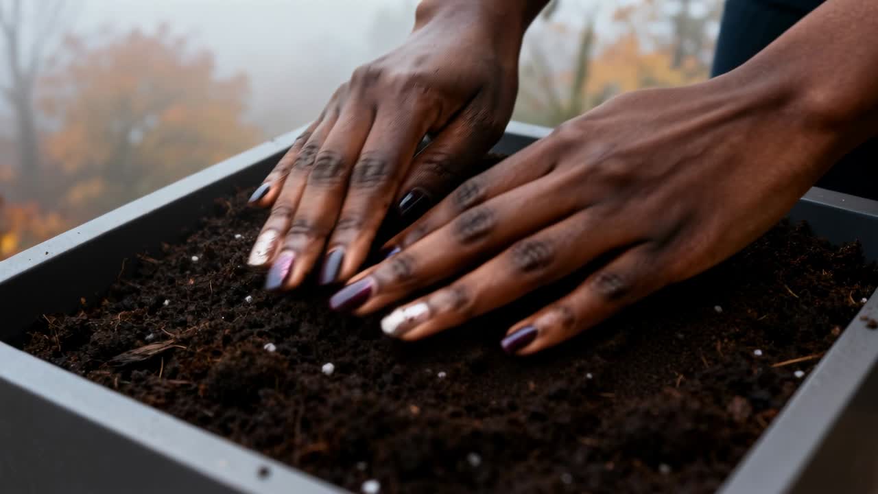 Pressing on planter rim, female hands smoothing soil on balcony, preparing bed with perlite