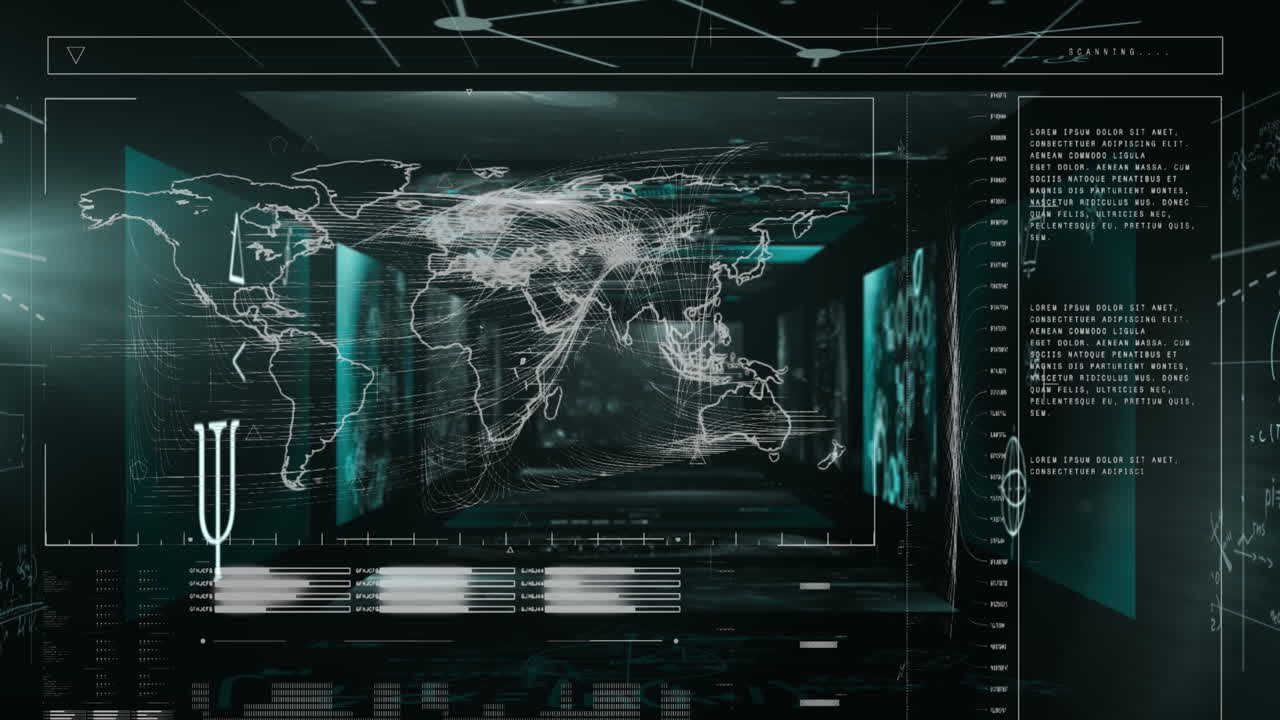 Animation of interface with world map and data processing against black background