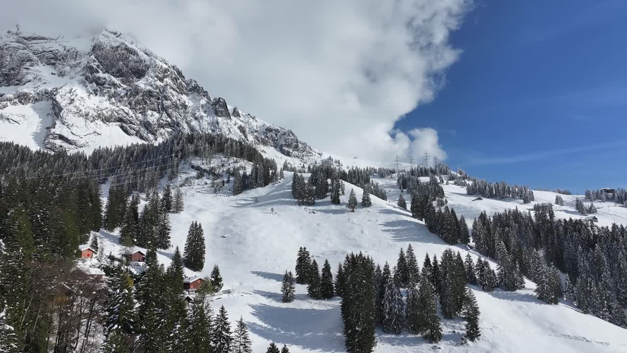 montaña cubierta de nieve con bosque de pinos en un soleado día de invierno en glarus nord, suiza