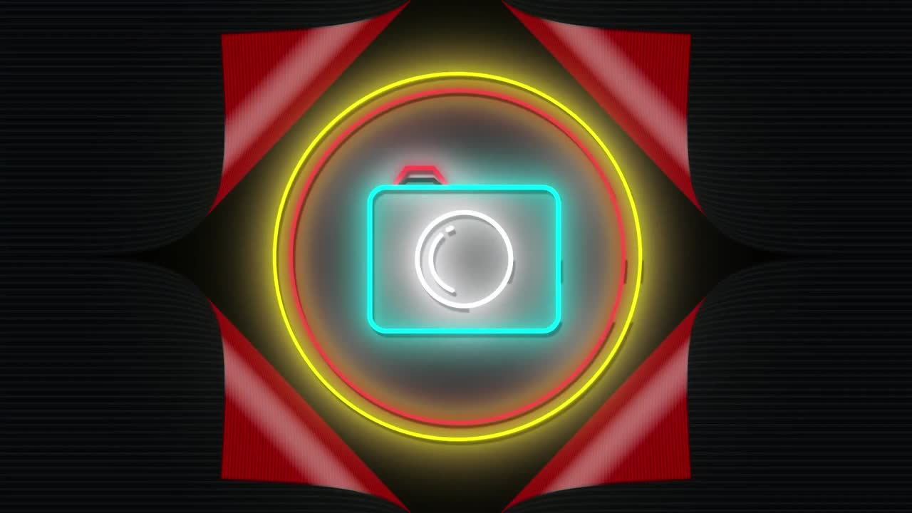 검은 바탕에 빨간색과 노란색 반지로  ⁇ 박이는 네온 카메라 아이콘의 애니메이션