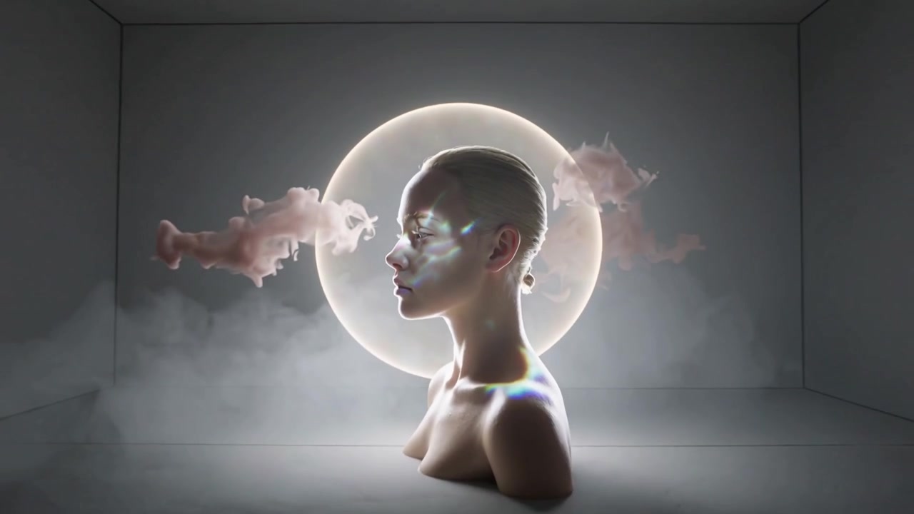 Pulling back camera revealing female bust in gallery, staging halo prism light and pink vapor