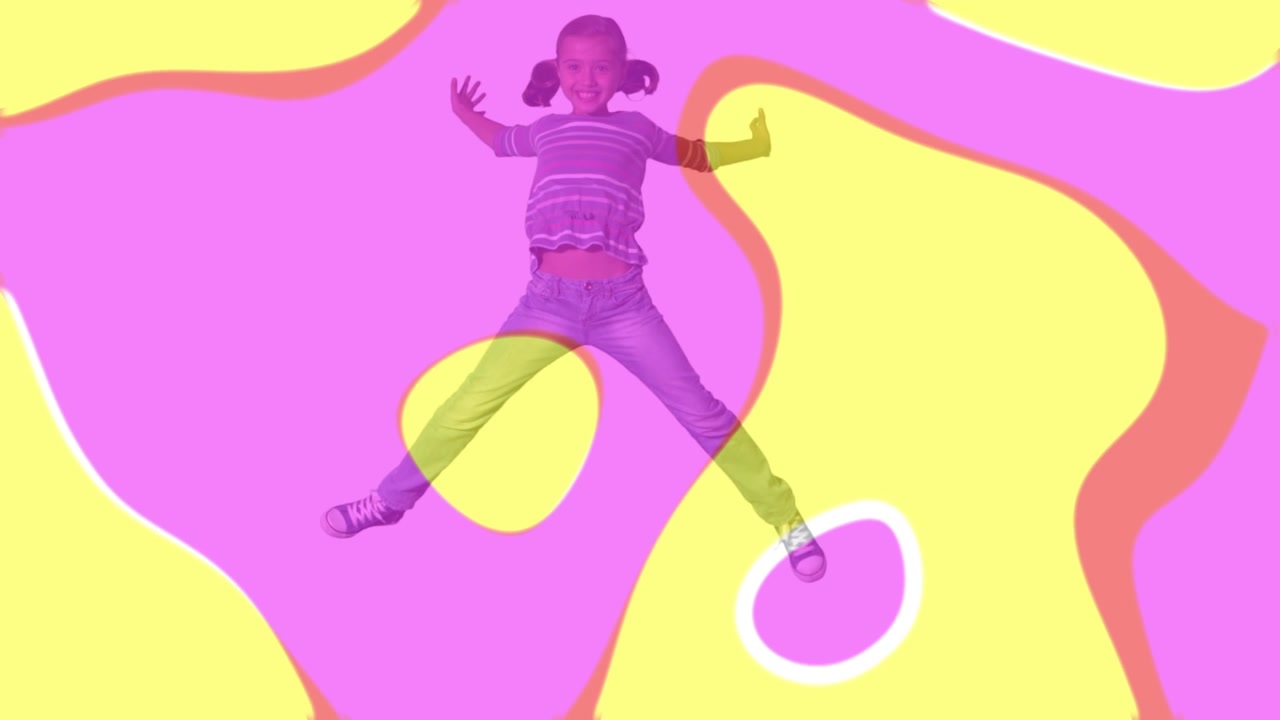 Girl shifting and doing jumps and steps against psychedelic blobs, tinting silhouette for design