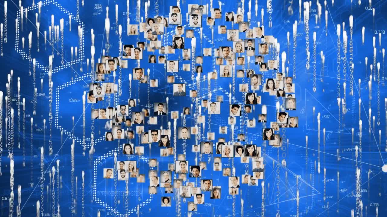 파란색 배경에 떨어지는 빛의 흔적 위에 회전하는 프로필 아이콘 네트워크의 글로브