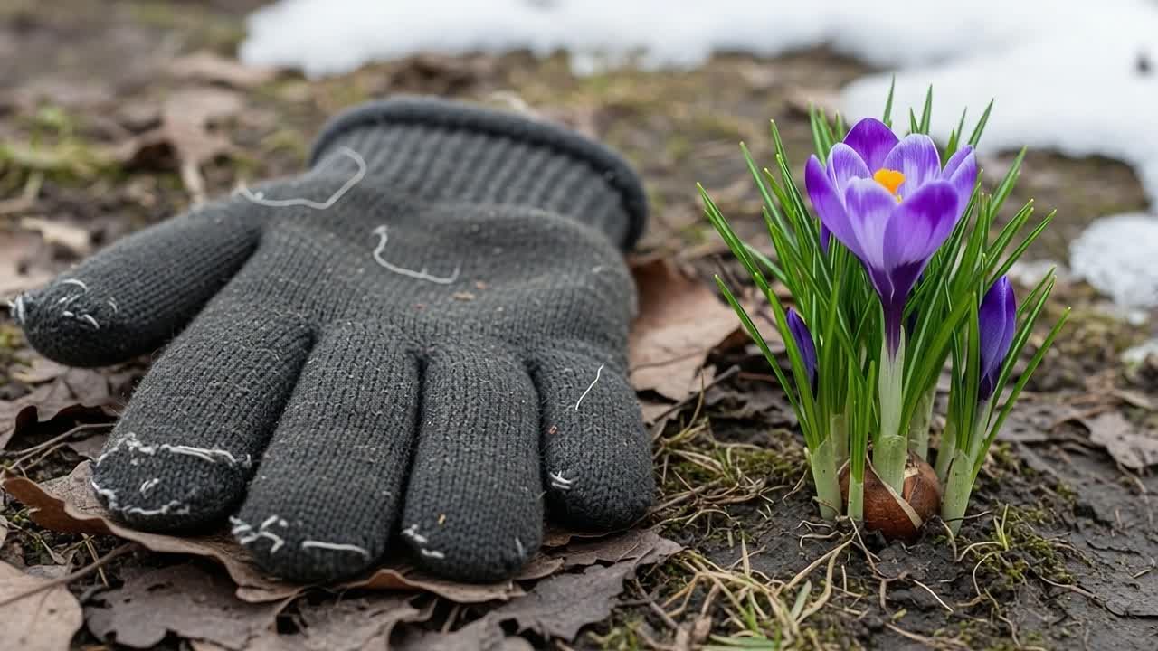 The Beauty of Spring: A Close-Up Exploration of Emerging Crocus Flowers next to a Gardener's Glove on a Leaf-Strewn Ground, Symbolizing Nature's Revival
