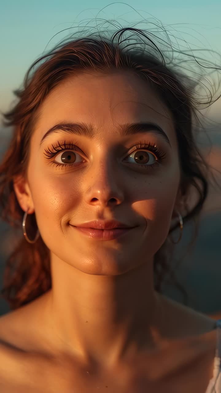 Vertical video: Smiling woman with hoops lashes and strap top, low sun widening grin on beach