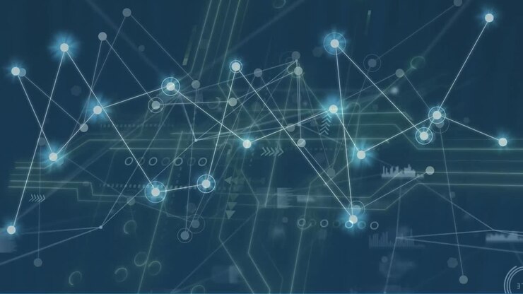 Animation of network of connections with lights and motherboard in navy digital space