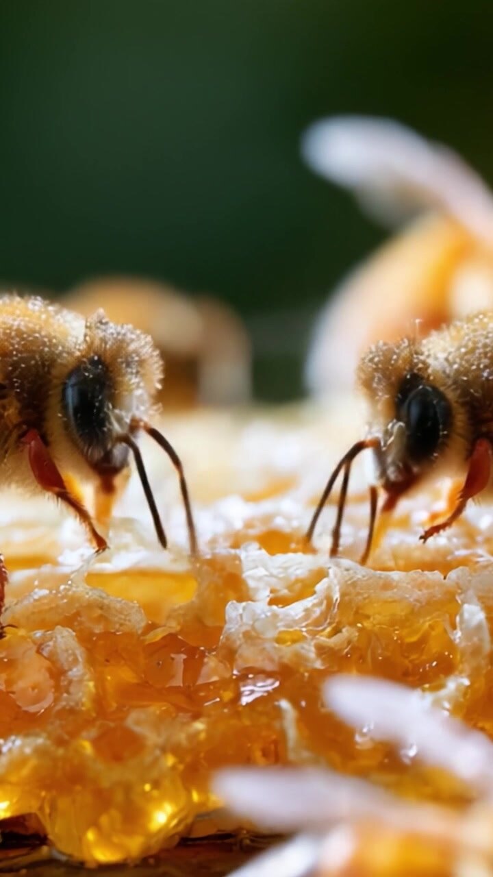 A Close-Up Look at Busy Honey Bees Collecting Sweet Nectar from a Honeycomb, Showcasing Their Importance in Nature and Pollination