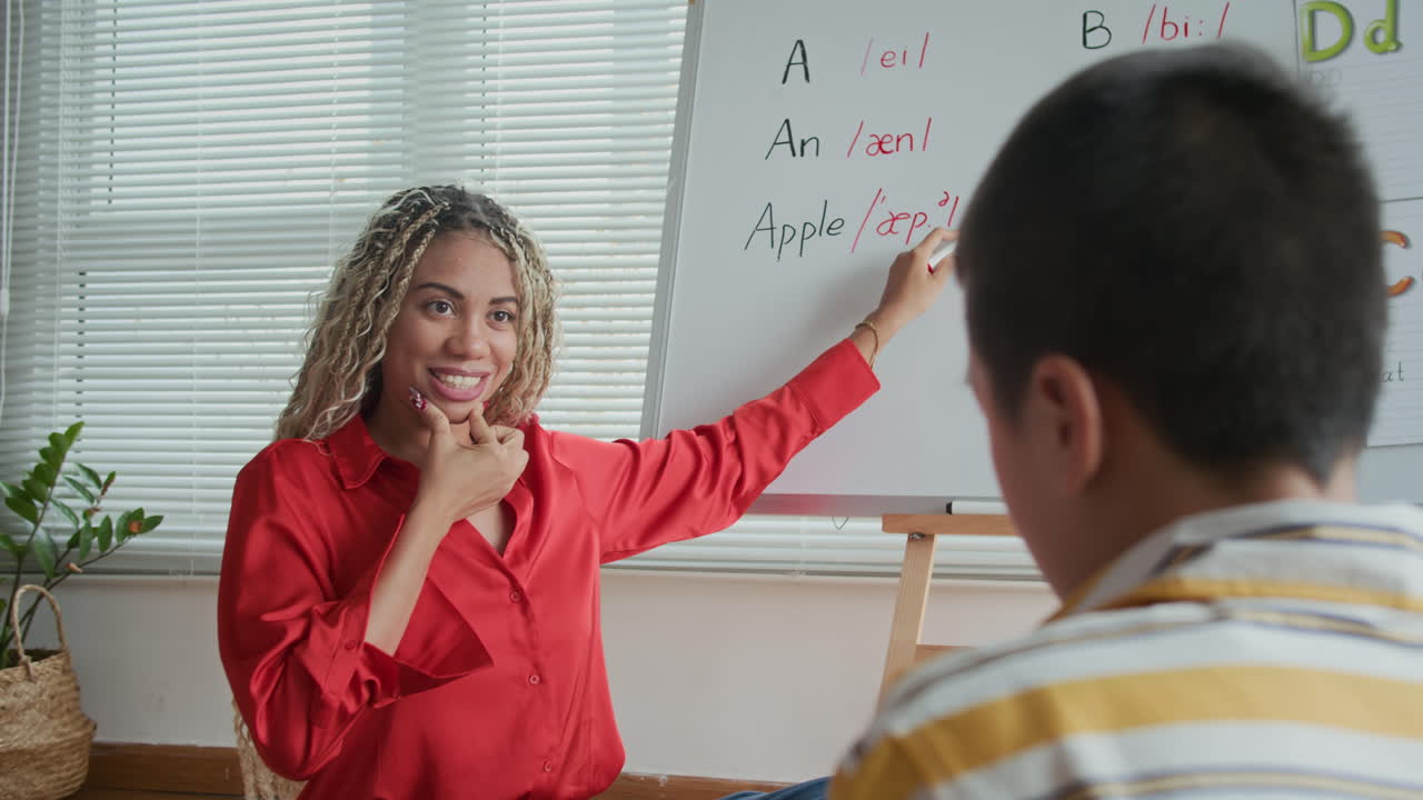 Female Tutor Guiding Schoolkids during Speech Therapy Lesson