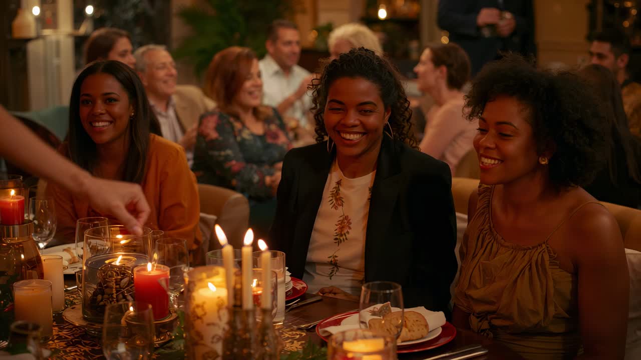 Lighting server reaching left lighting candelabra on long table woman in blazer smiling for mood