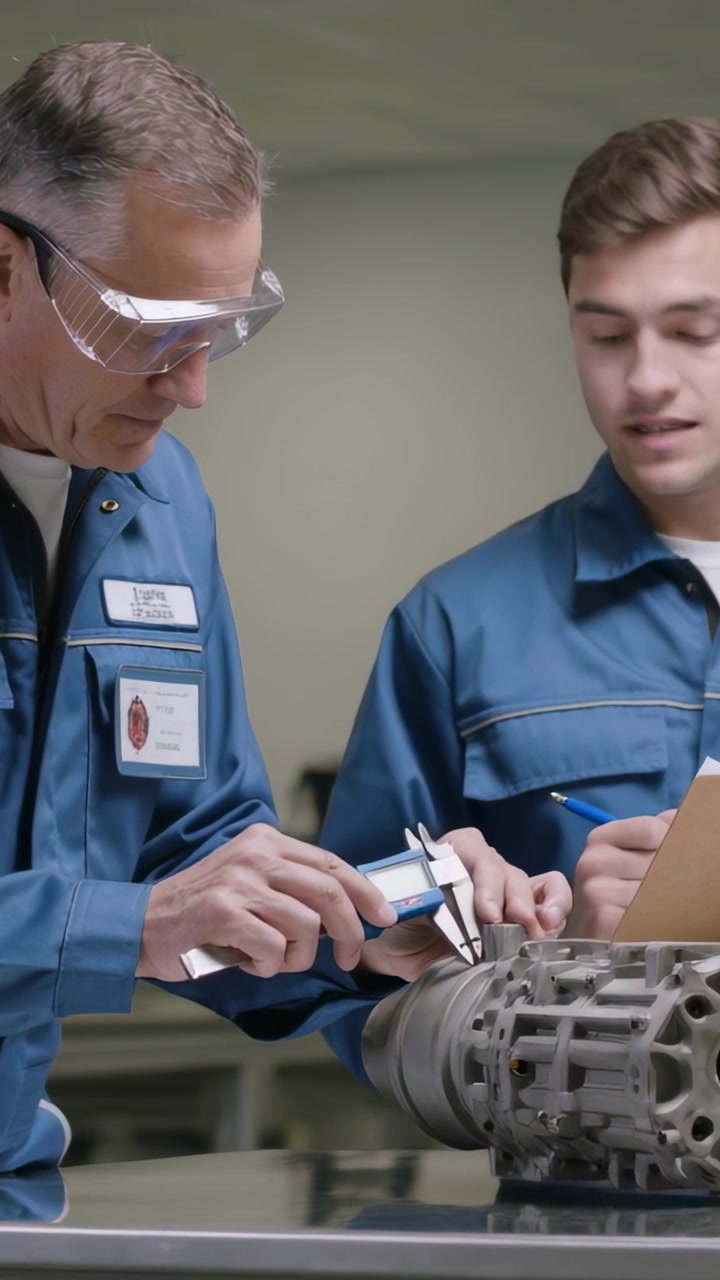 Vertical video: Measuring tech in coveralls teaching trainee in workshop after part with caliper