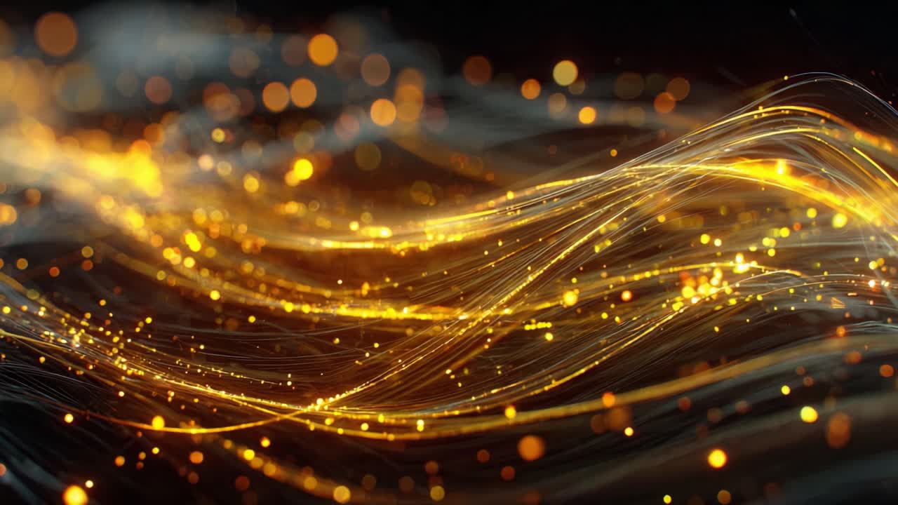 Captivating Golden Waves of Light: A Mesmerizing Display of Shimmering Particles and Flowing Motion in an Abstract Digital Environment