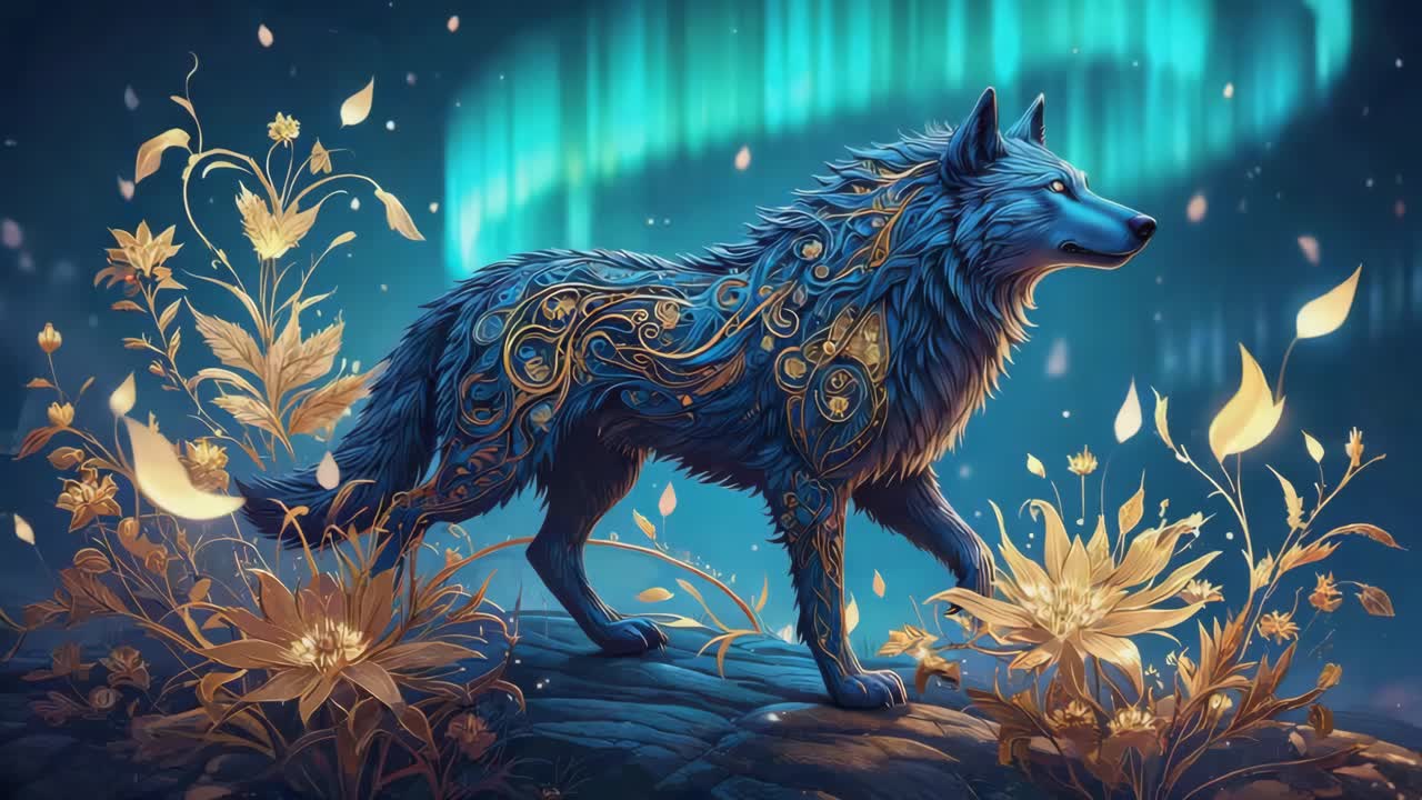 Ornate Blue Wolf under the Aurora Borealis