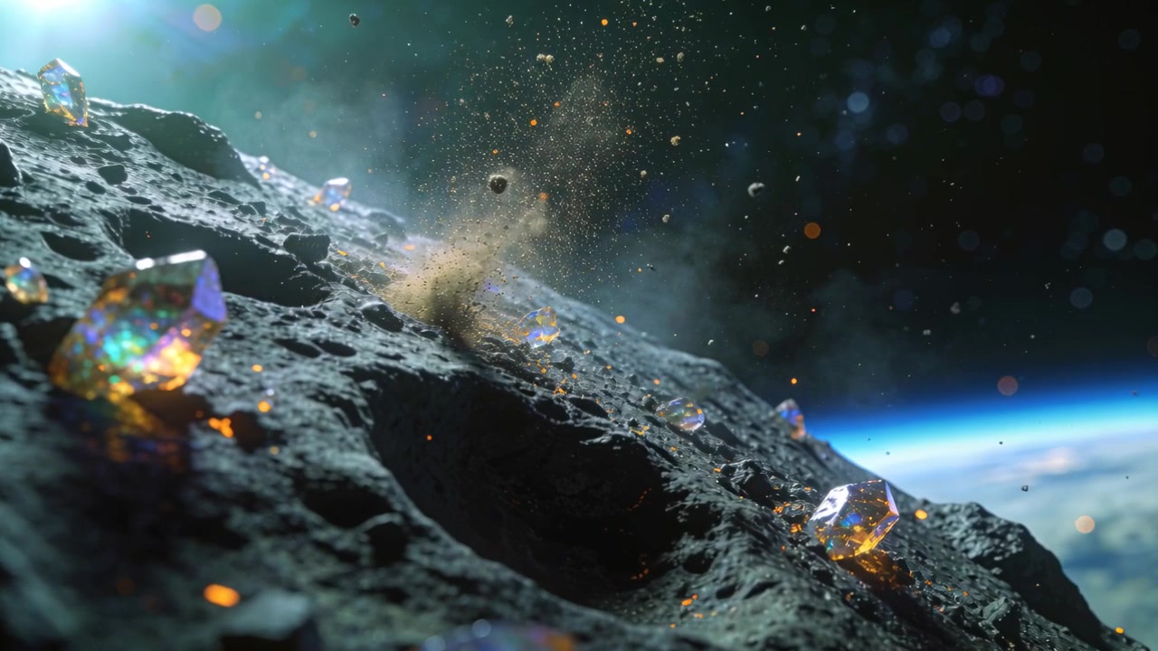 Colliding pebble striking asteroid surface, sending dust and iridescent crystal glints in low-g