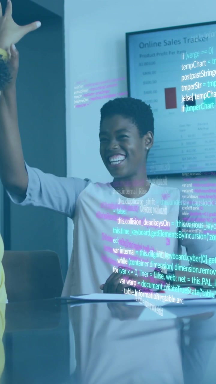 Animation of data processing over diverse business people talking in office