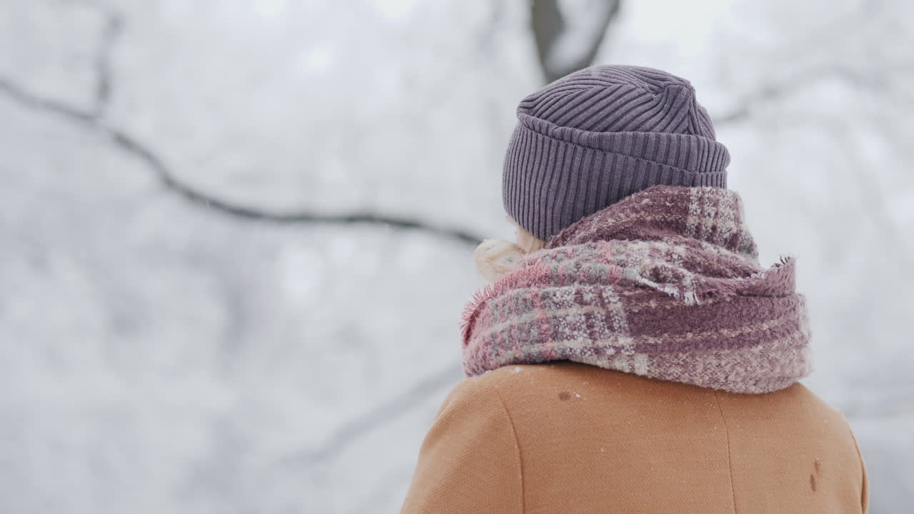 한 여성이 뒤에서 눈 덮인 숲의 전망을 감상합니다.