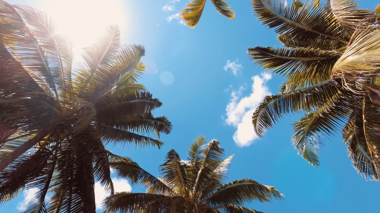 Vídeo em ângulo ascendente de palmeiras contra um céu azul brilhante, capturando uma atmosfera tropical.