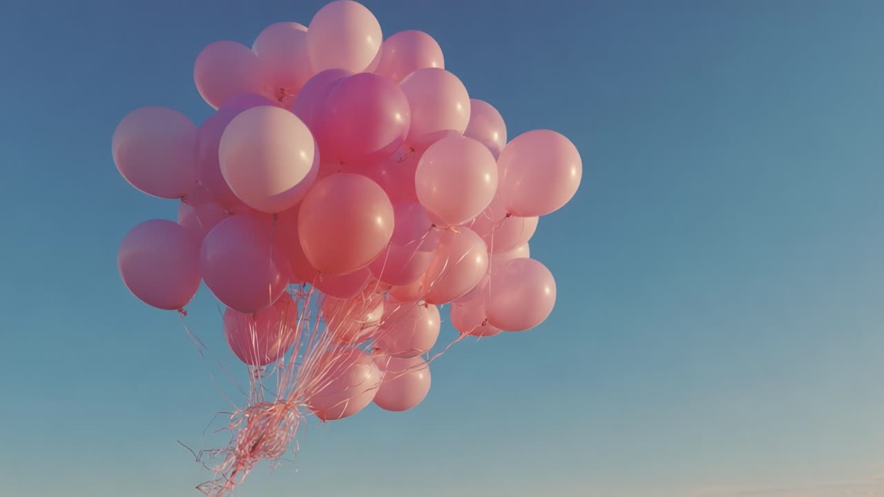 A whimsical collection of pink balloons drifts effortlessly into the clear blue sky, capturing the joy and lightness of a serene outdoor moment, evoking feelings of celebration and nostalgia