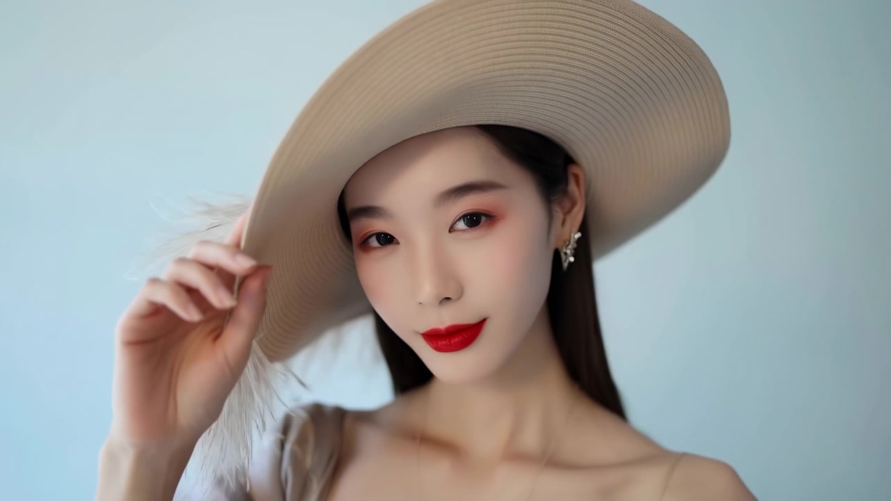 時尚特寫肖像，年輕女子手舉至羽毛米色帽子旁，表情平靜，塗著紅色唇膏，戴著精緻耳環，裸露香肩，身穿絲滑垂墜服飾，背景柔和。