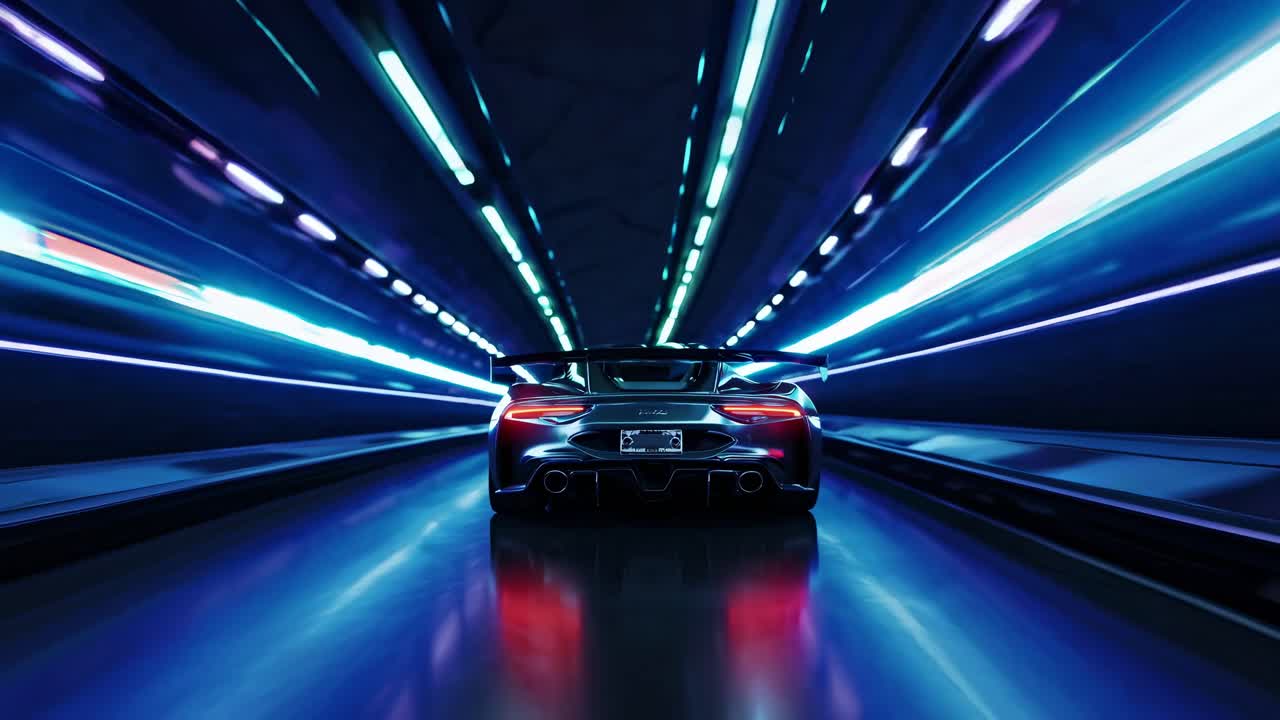 Dynamic video concept of a sleek sports car speeding through a neon-lit tunnel