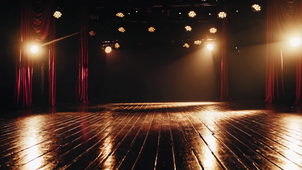 A dramatic stage scene with spotlights illuminating polished wooden floors