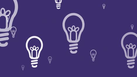 Animation-of-white-light-bulbs-flying-up-on-purple-background