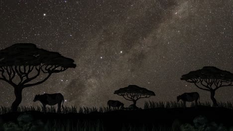 silhouetted animals move under starry savannah sky.