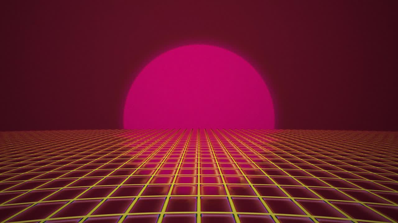 노란색 메쉬가 밖으로 밀려나면서 빨간색 그라디언트 배경에 분홍색 해가 지는 원이 어집니다.