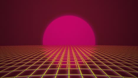 pink sunset circle on red gradient background bobs as yellow mesh pushes out