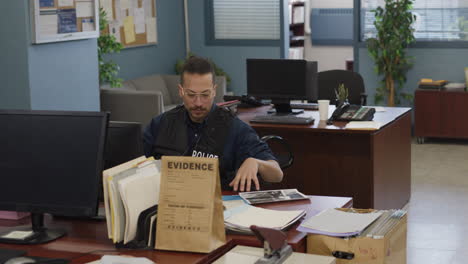 zoom out from police officer on desk job doing paperwork