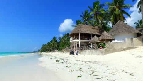 Palapa-Haus-Umgeben-Von-Kokospalmen-Auf-Weißem-Sand-Am-Jambiani-Beach-Sansibar